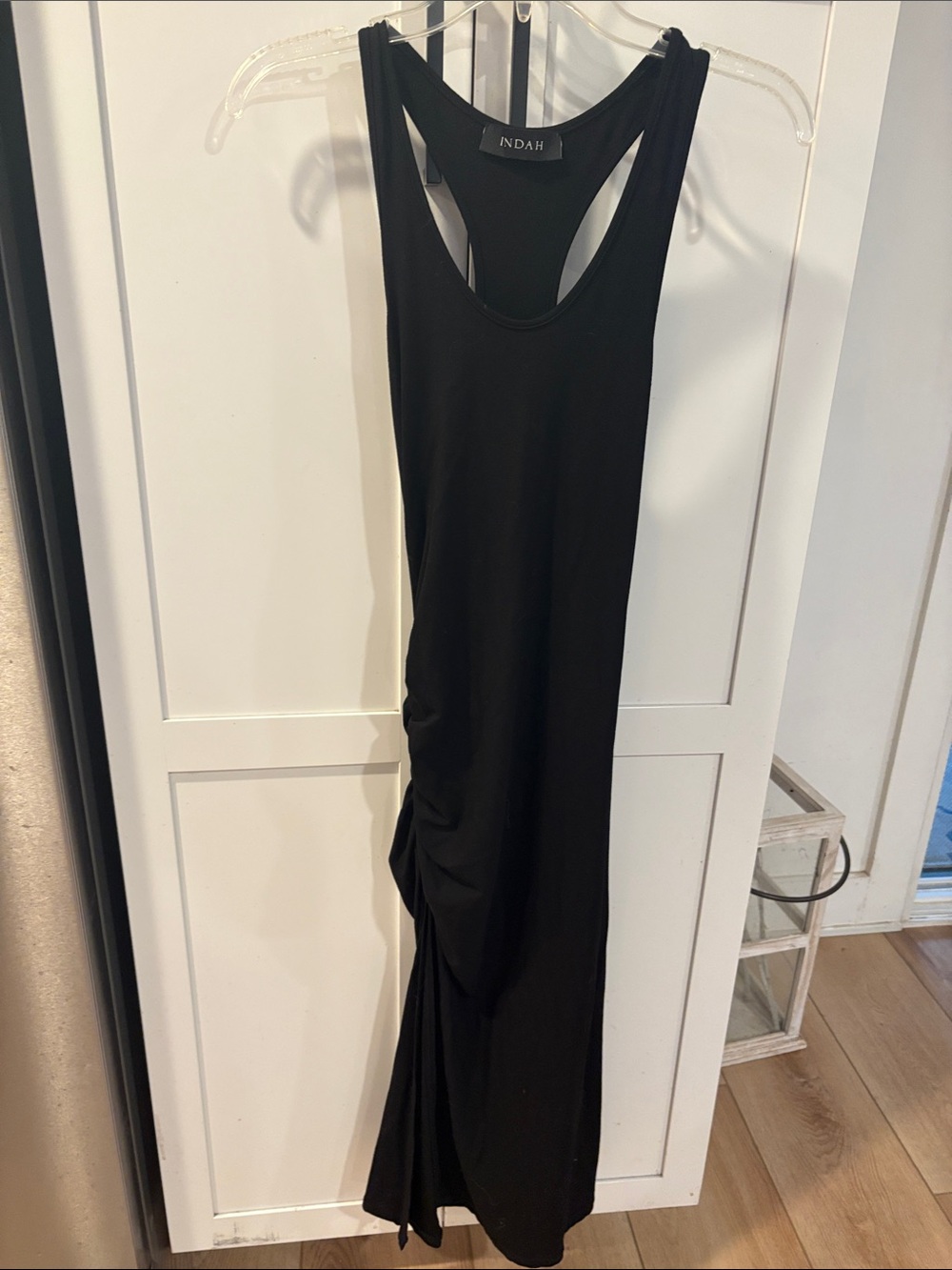 Indah Black Racerback Maxi Dress with side ruched and slit.